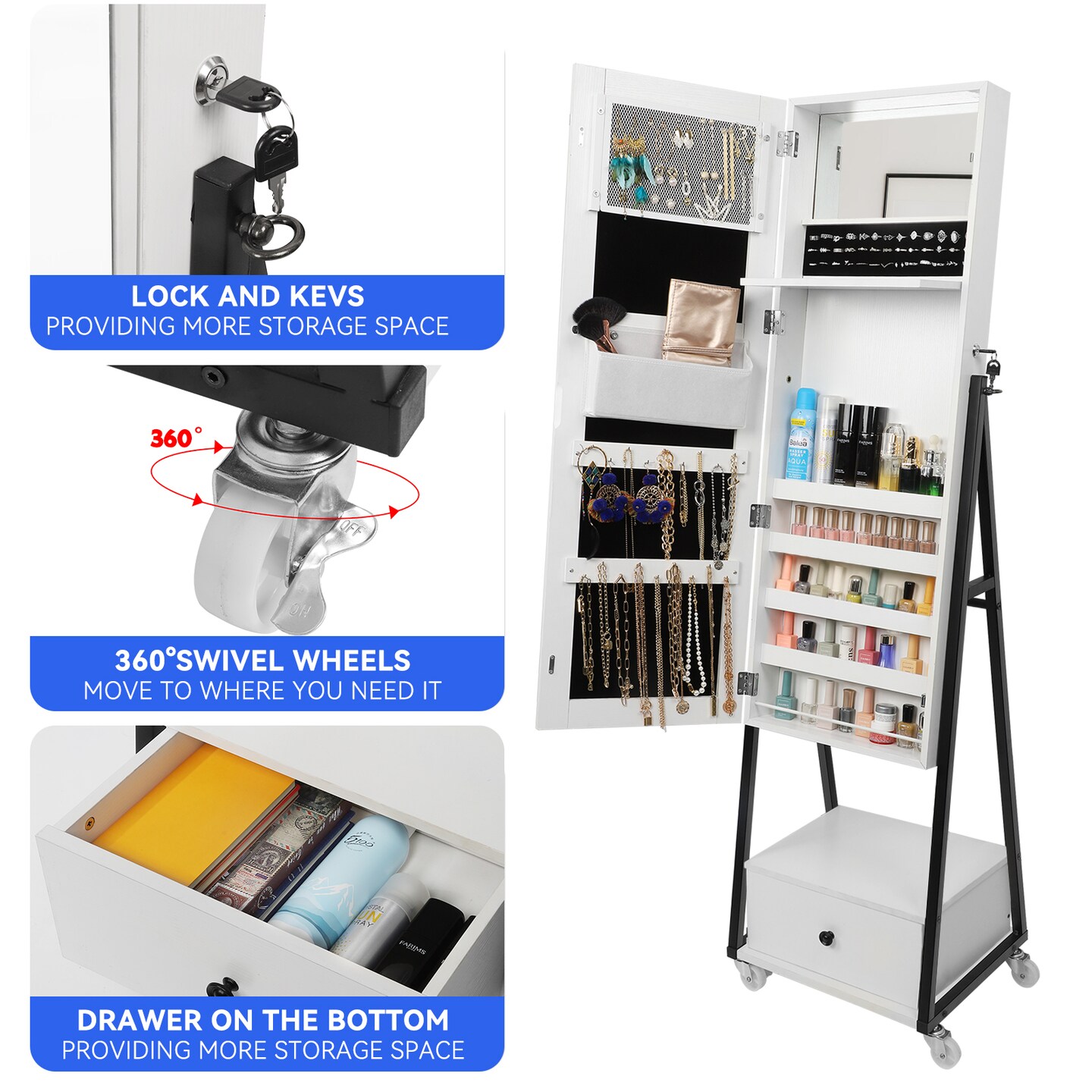 Lockable Full Length Mirror Jewelry Cabinet, Rolling Standing Makeup Jewelry Storage Organizer with Full Body Mirror & Drawer