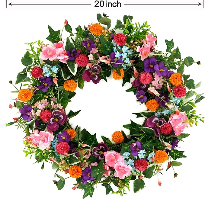 Spring Summer Wreaths for Front Door Pansy Wreath with Pink Cherry Blossoms,Small Ball Bhrysanthemum for Indoor Outdoor Farmhouse Home Porch Wall Window Festival Wedding Decor