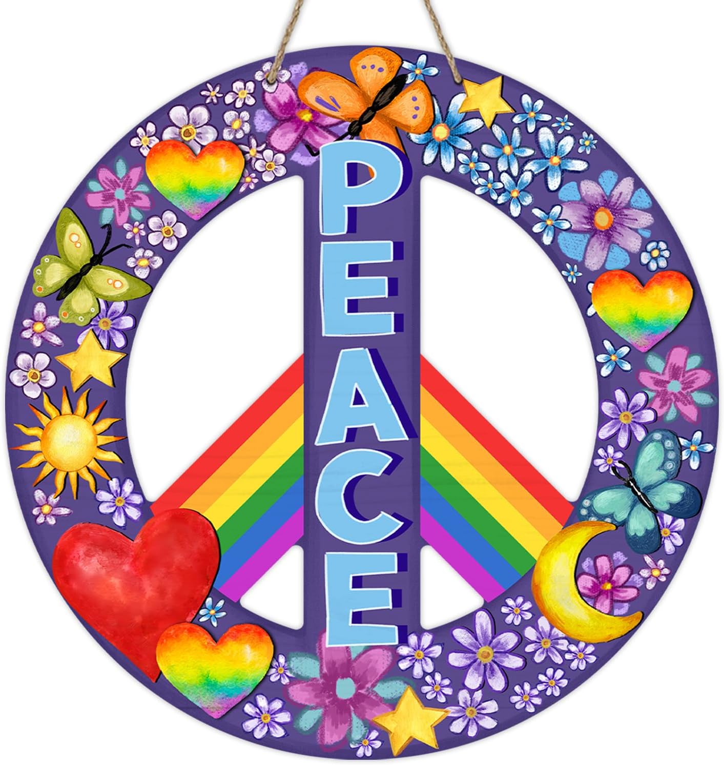 World Peace Love Heart Front Door Sign, Rainbow Pride Month Wood Door Hanger Outdoor Outside Porch Decor, Flower Butterfly Wooden Wreath Indoor Wall Hanging Decoration