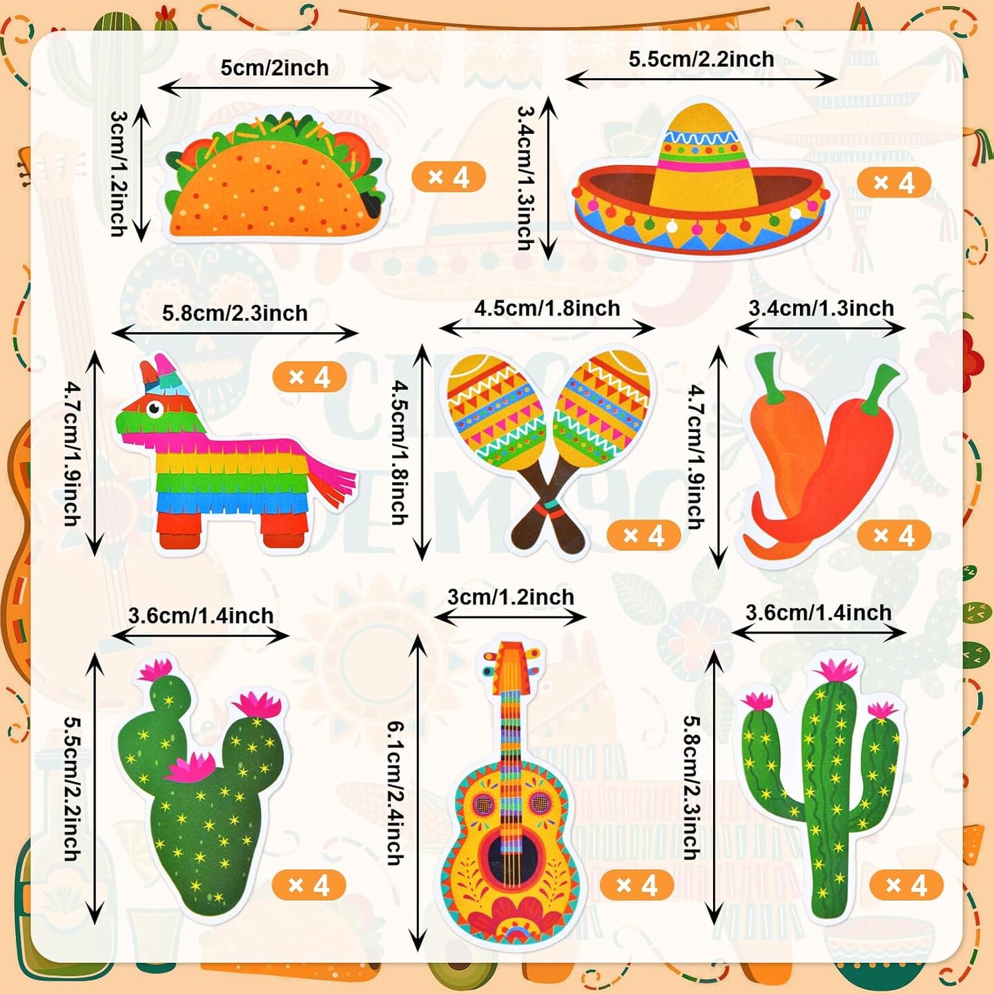 32 Pcs Mexican Fiesta Cupcake Toppers - Cactus Sombrero Maraca Guitar Taco Pi&#xF1;ata Chili Pepper Cupcake Picks Mexican Fiesta Theme Cinco de Mayo Birthday Party Cake Decorations Supplies