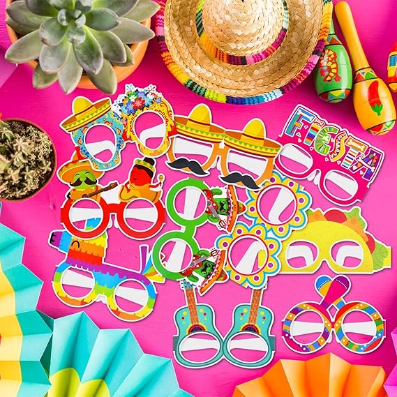 24 Pieces Mexican Fiesta Paper Party Glasses, 12 Designs with 2 Each - Fun Taco, Sombrero, Pi&#xF1;ata, Cactus, and Maraca Eyeglasses for Cinco de Mayo, Mexican Birthday Party Favors, and Photo Booth Props