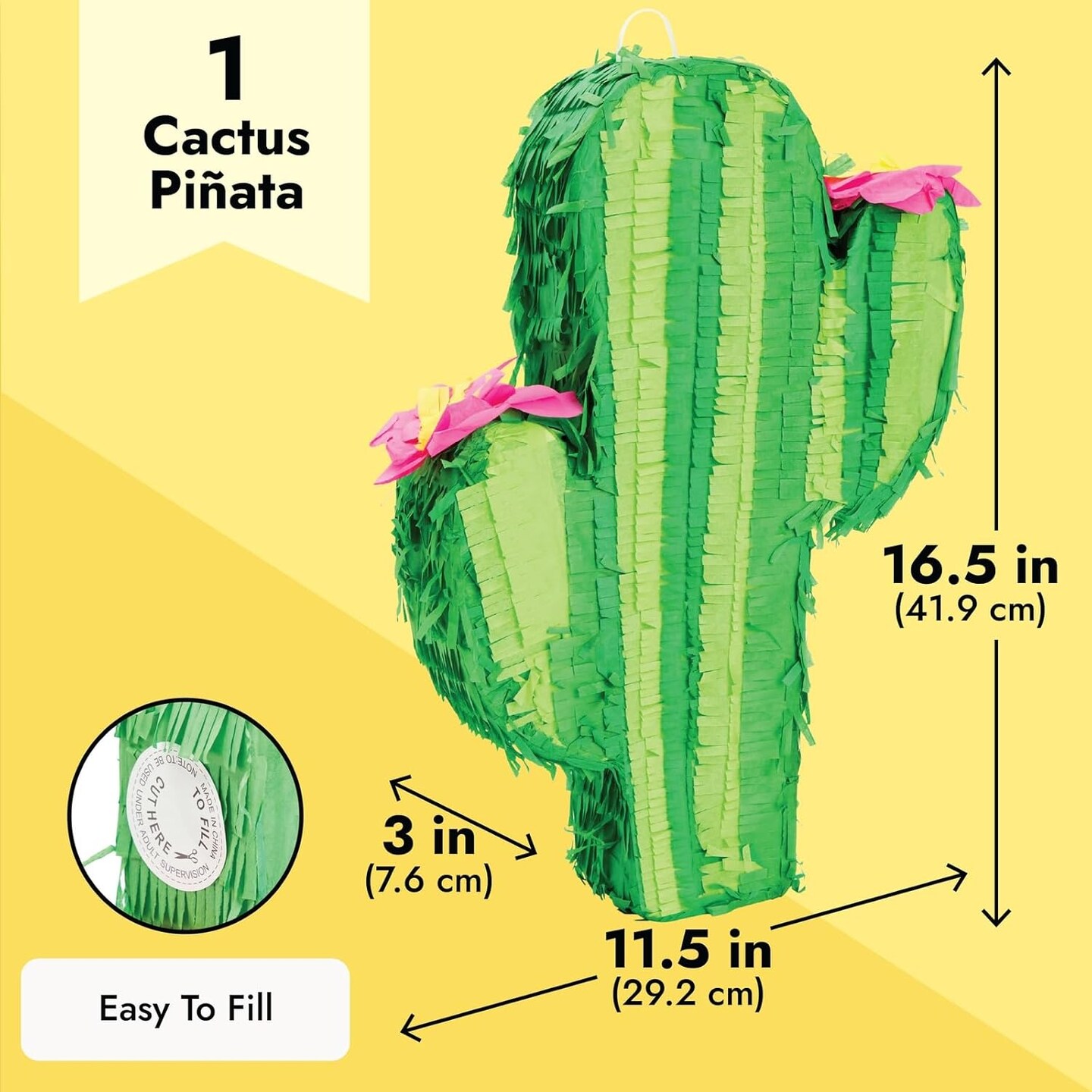 Cactus Pinata for Kids Birthday, Baby Shower, Cinco de Mayo, Mexican Fiesta Party Decorations (Small, 16.5 x 11.5 x 3 In)