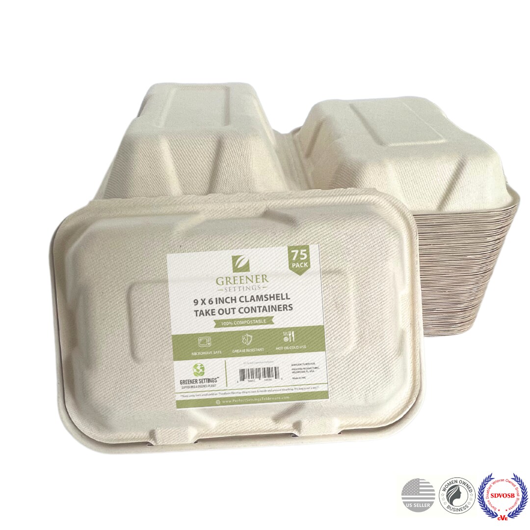 Greener Settings 75-Pack Compostable 9x6 Inch Clamshell Food Containers, Disposable Heavy-Duty Bagasse To-Go Boxes, Microwavable, Recyclable, Freezer Safe for Nachos, Wings, Cookies, Meals