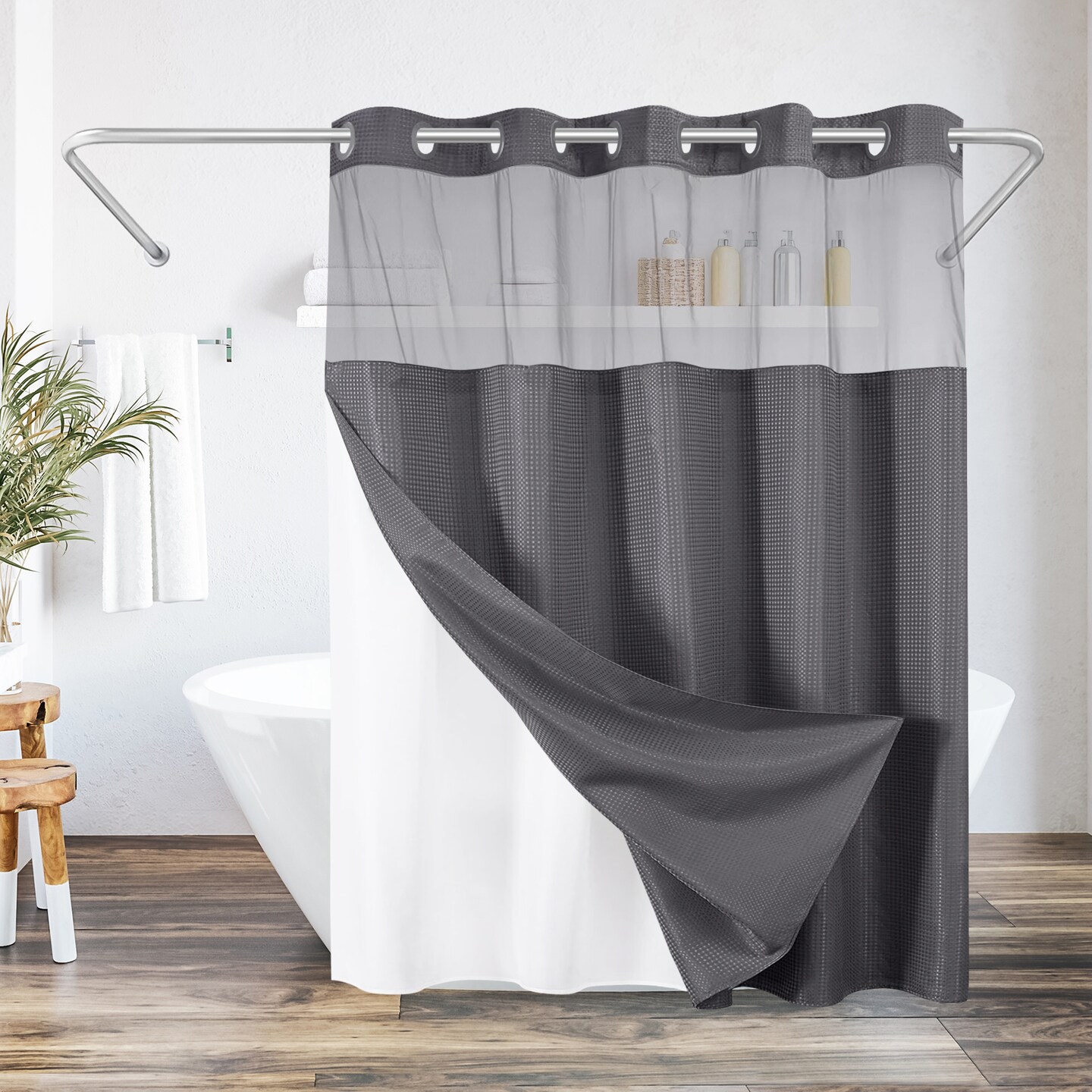 Americanflat 72x75 Hookless Waffle Pattern Shower Curtain - Water-Resistant Long Shower Curtain with Sheer Panel, Snap-In Liner, and Grommets