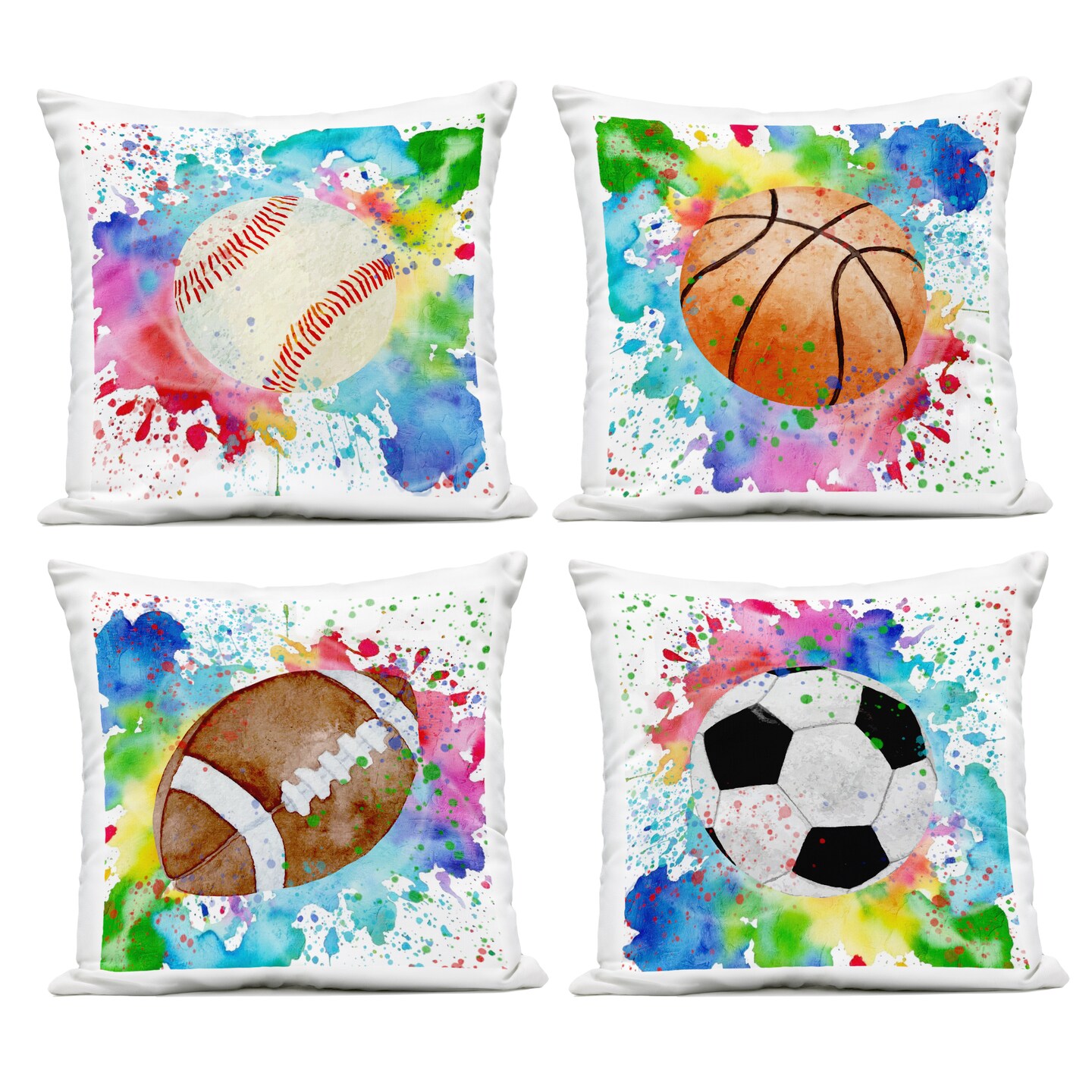 Stupell Industries Modern Sports Balls Splash 4pc Outdoor Printed Pillow Set design by Kim Allen, 18 x 7 x 18