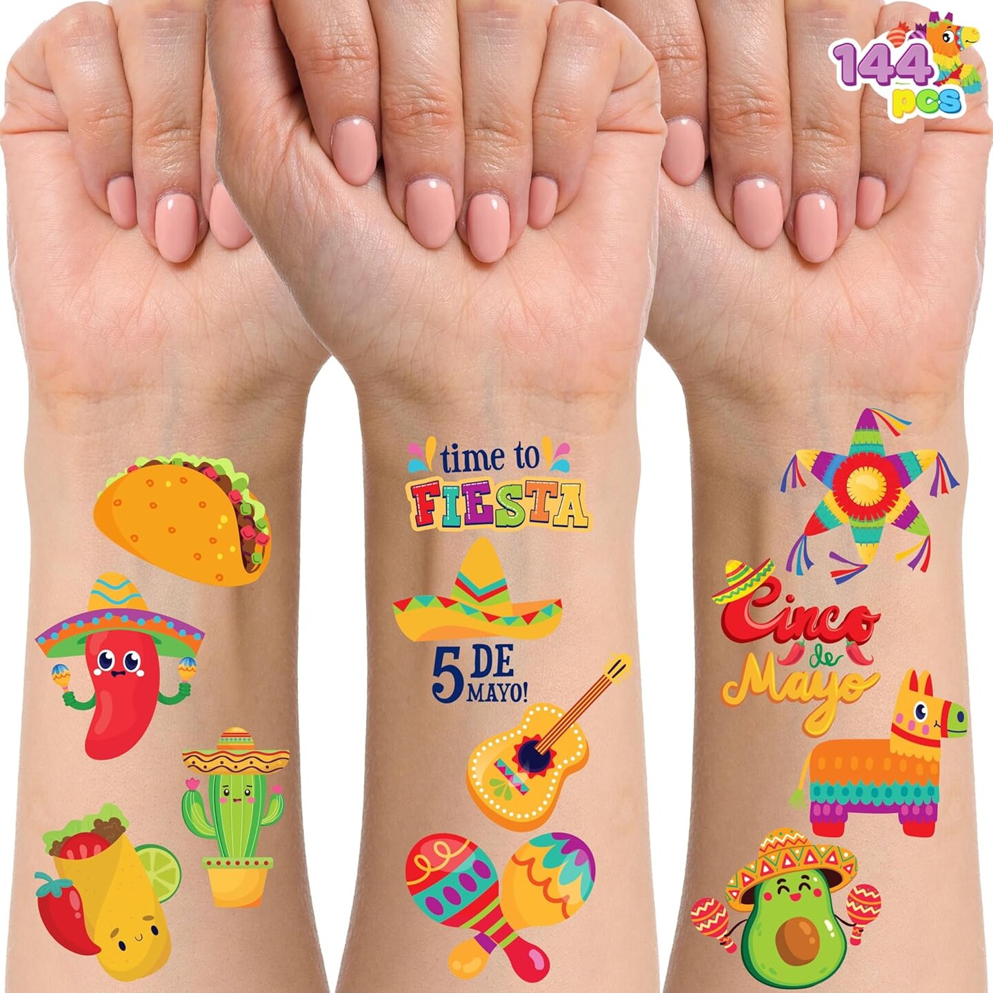 144 PCS Cinco De Mayo Temporary Tattoo Set for Mexican Themed Party, Fiesta Party Fake Tattoos Stickers Sombrero Hats, Taco Design, Face Body Tattoo Decorations