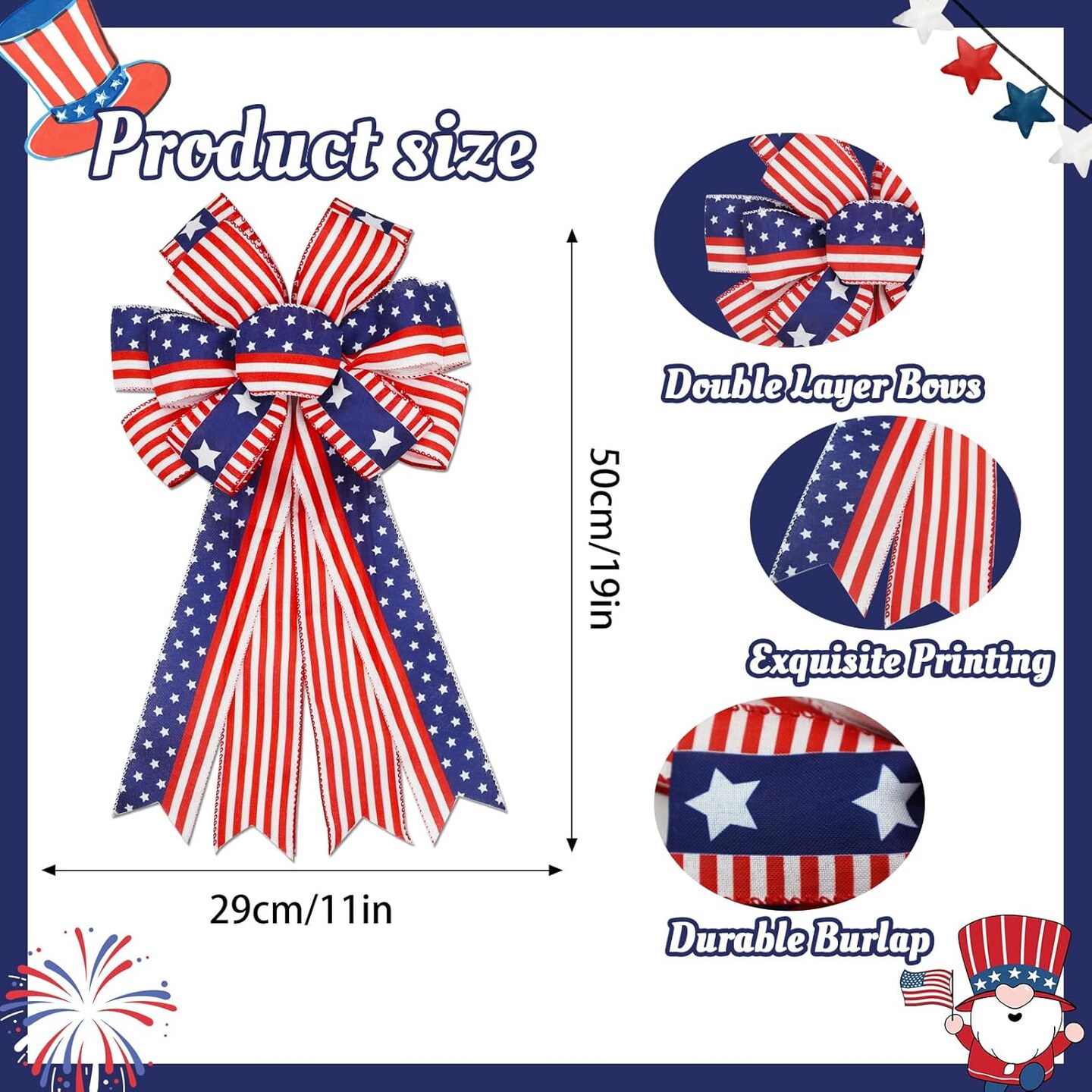 Large 4th of July Bows for Wreath 20x11 Inch, 2 Pack Pre-Tied Patriotic Wired Ribbon Bow, Independence Day, Memorial Day, Tree Topper Bow for Front Door Outdoor Decoration (Red)
