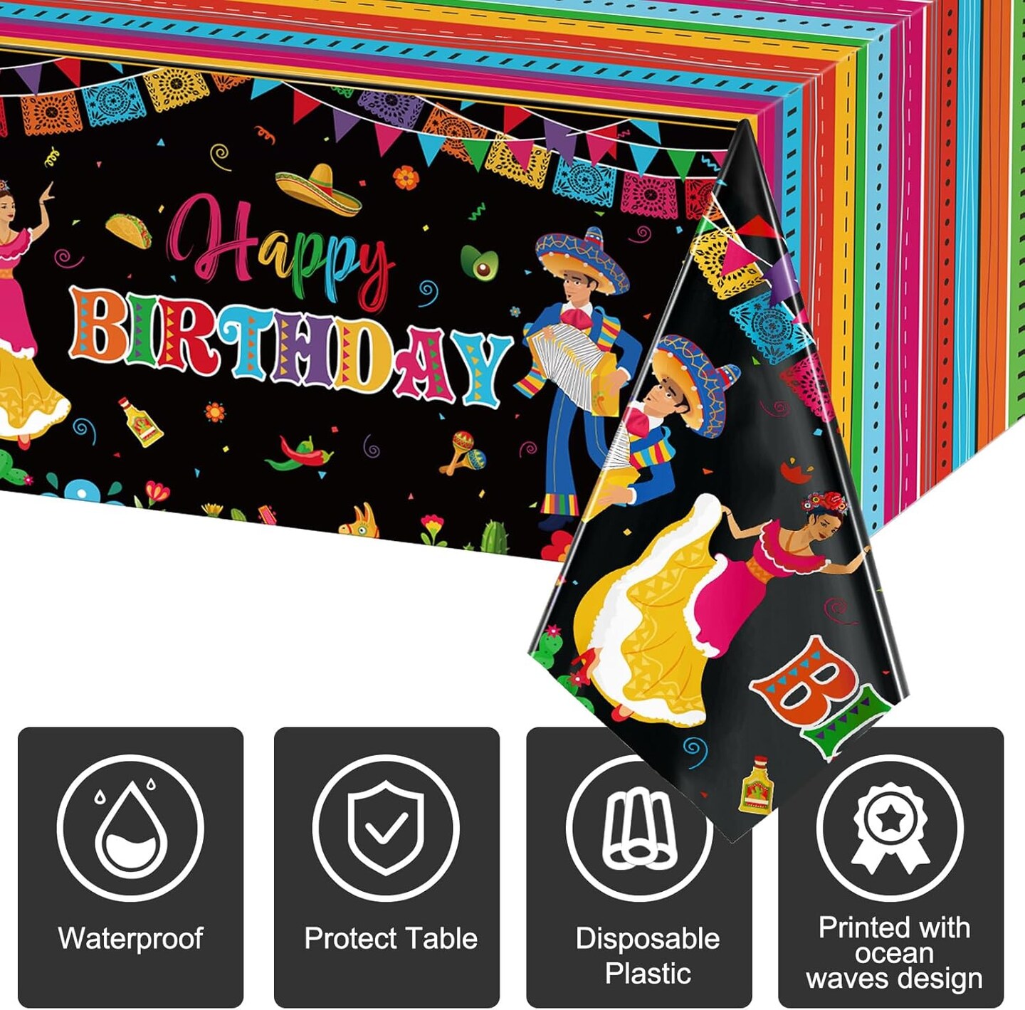 3 Pcs Mexican Fiesta Happy Birthday Fiesta Disposable Table Cover Plastic Cinco De Mayo Tablecover for Mexican Taco Night Birthday Party Decorations Supplies, 54 x 108 Inch