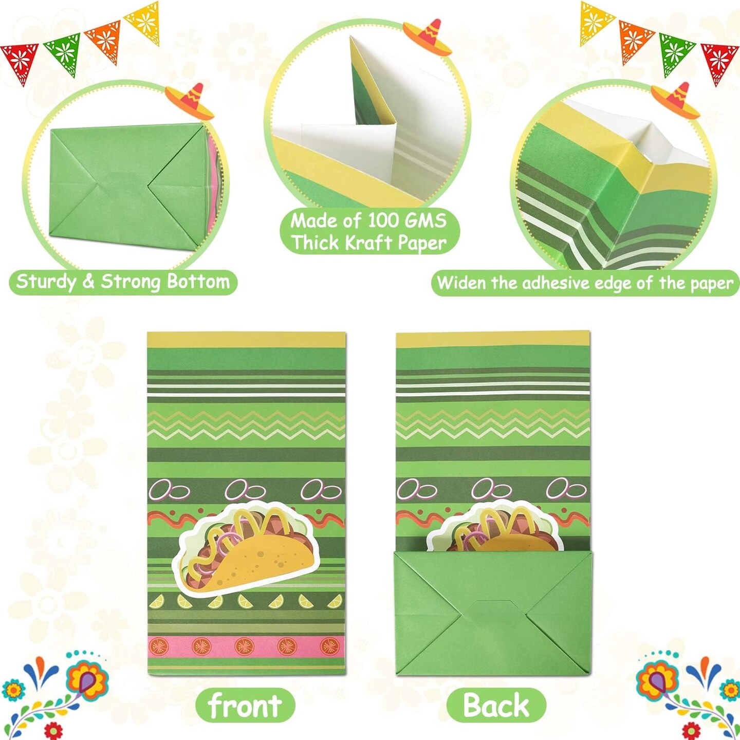 24 PCS Mexican Fiesta Party Favor Bags Paper Goodie Bags Cinco De Mayo Party Bags Taco Bar Decorations for Mexico Birthday Party Supplies Gift With Muchas Gracias Thank You Stickers