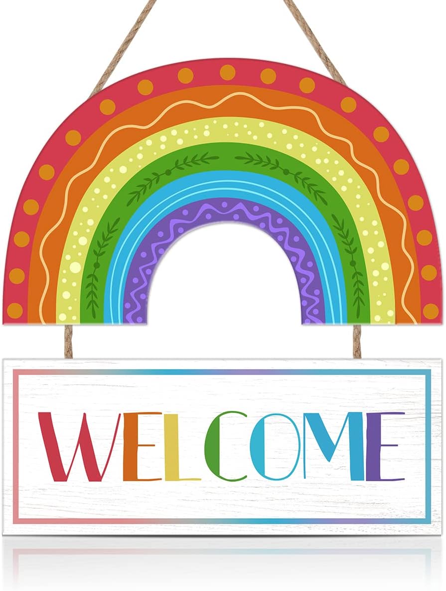 Rainbow Welcome Wooden Hanging Door Sign,Boho Rainbow Wall Decor,LGBT Pride Diversity Decorations,Back to School Sign,Colorful Wall Art For Bedroom Playroom Classroom Decor