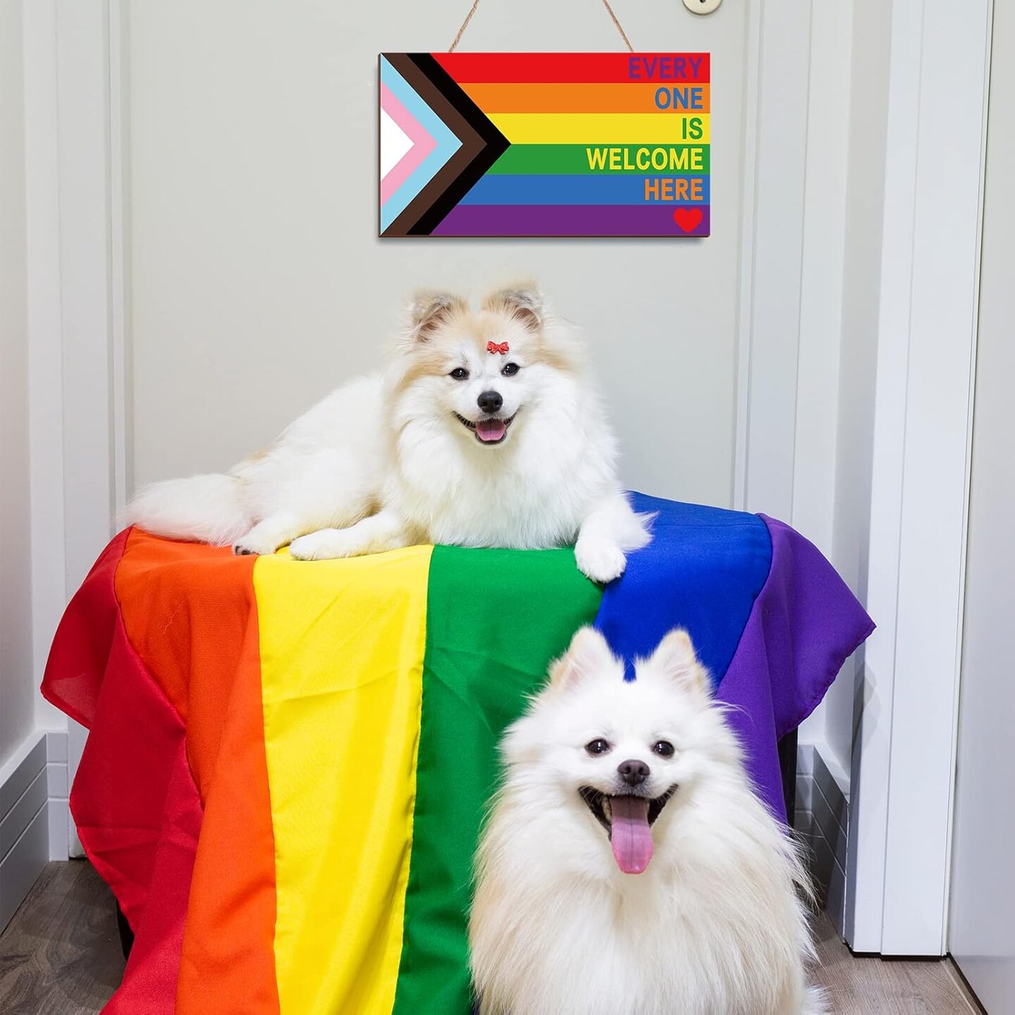 Everyone Is Welcome Here Wooden Hanging Sign LGBTQ Rainbow Door Sign Hanger Gay Lesbian Pride Wall Decorations for Pride Parade Wall Art Front Door Home Decor