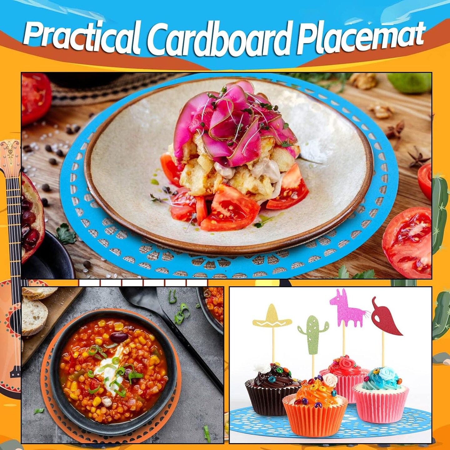 32 Pieces Fiesta Paper Place Mats 14&#x22; Mexican Papel Picado Cinco De Mayo Disposable Placemat Round Paper Doilies Cutouts for Mexican Party Supplies Tableware Decoration