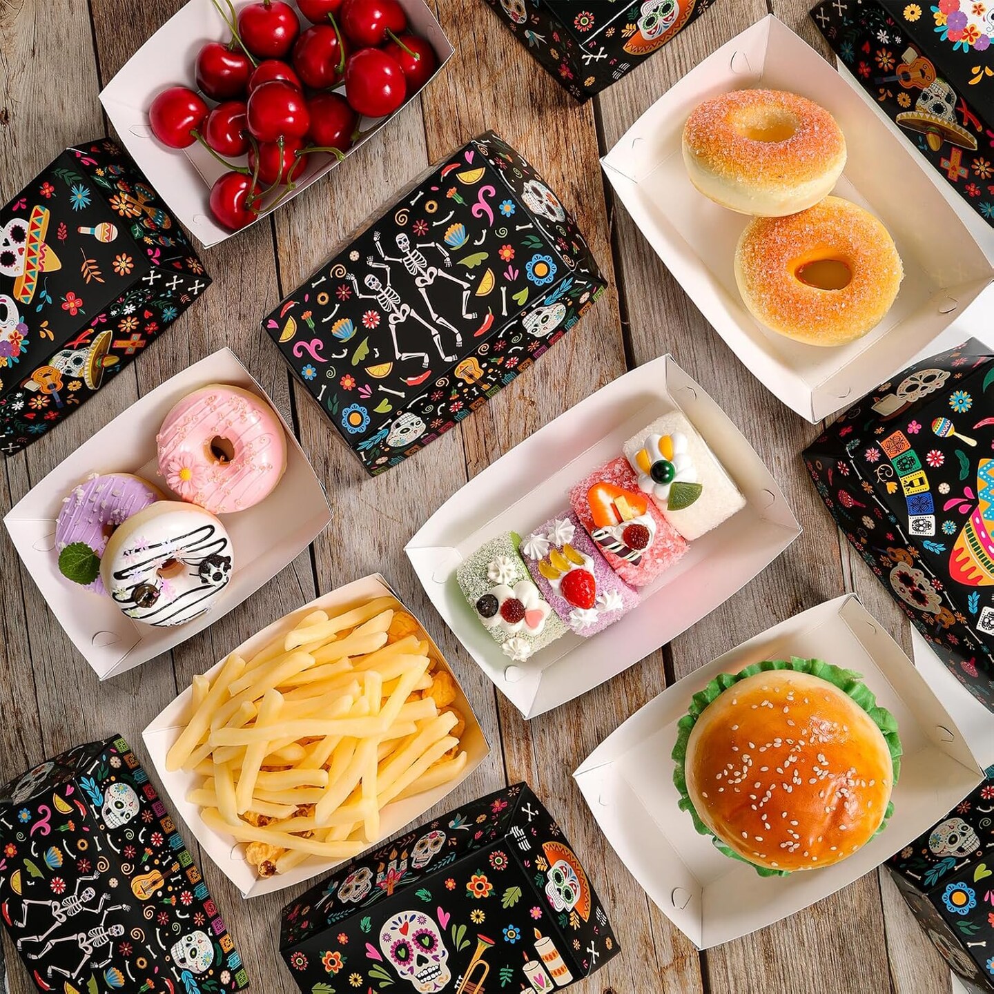 24 Pcs Day of The Dead Food Trays Sugar Skull Paper (Black)