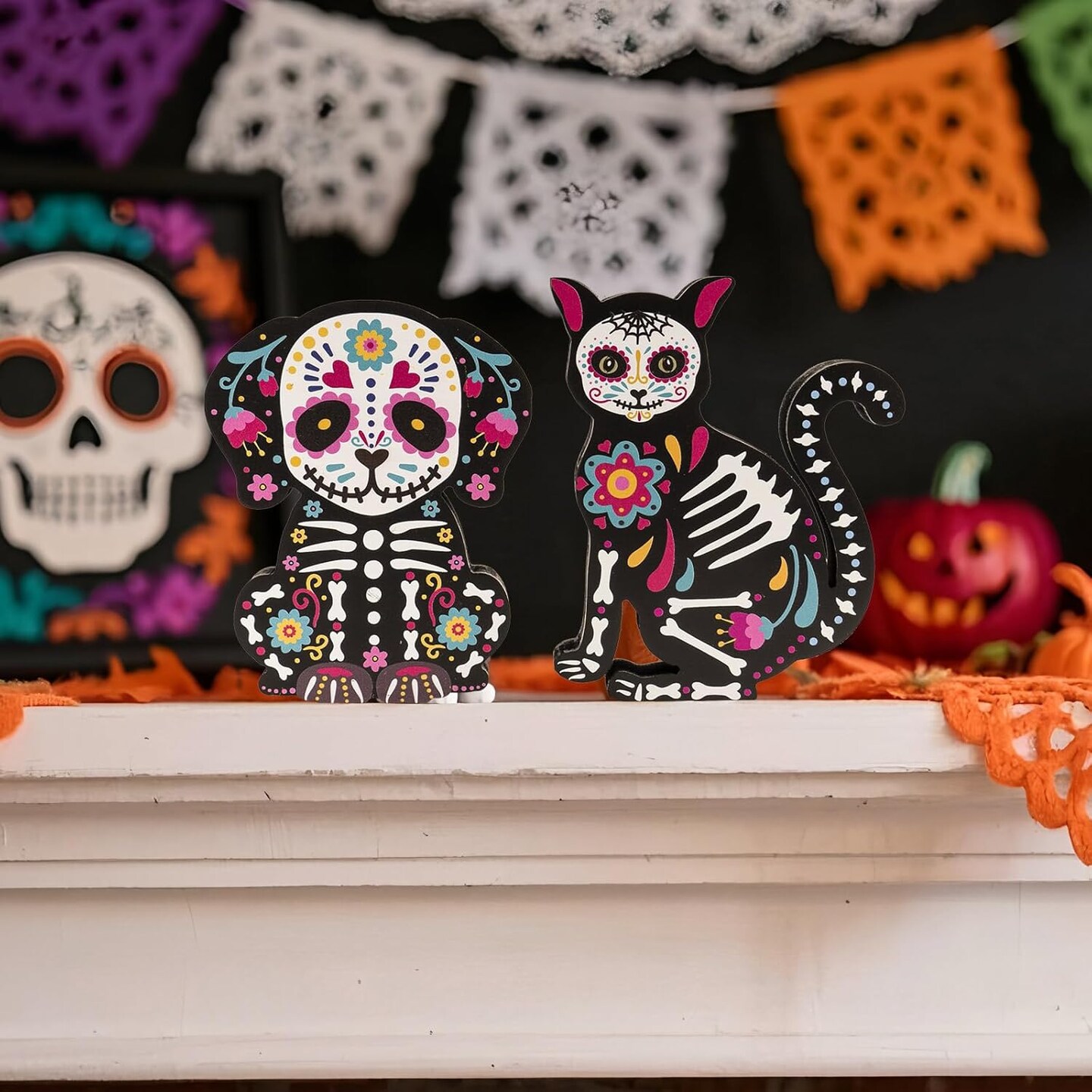 Wooden Day of The Dead Dog Cat Figurine, 2 Piece Dia De Los Muertos Ofrenda Altar Sugar Skulls Altar Table Decorations