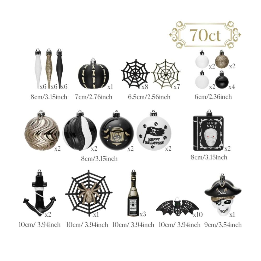 Halloween Christmas Tree Ornaments Set, 70-Piece Black & White Gothic Ornaments