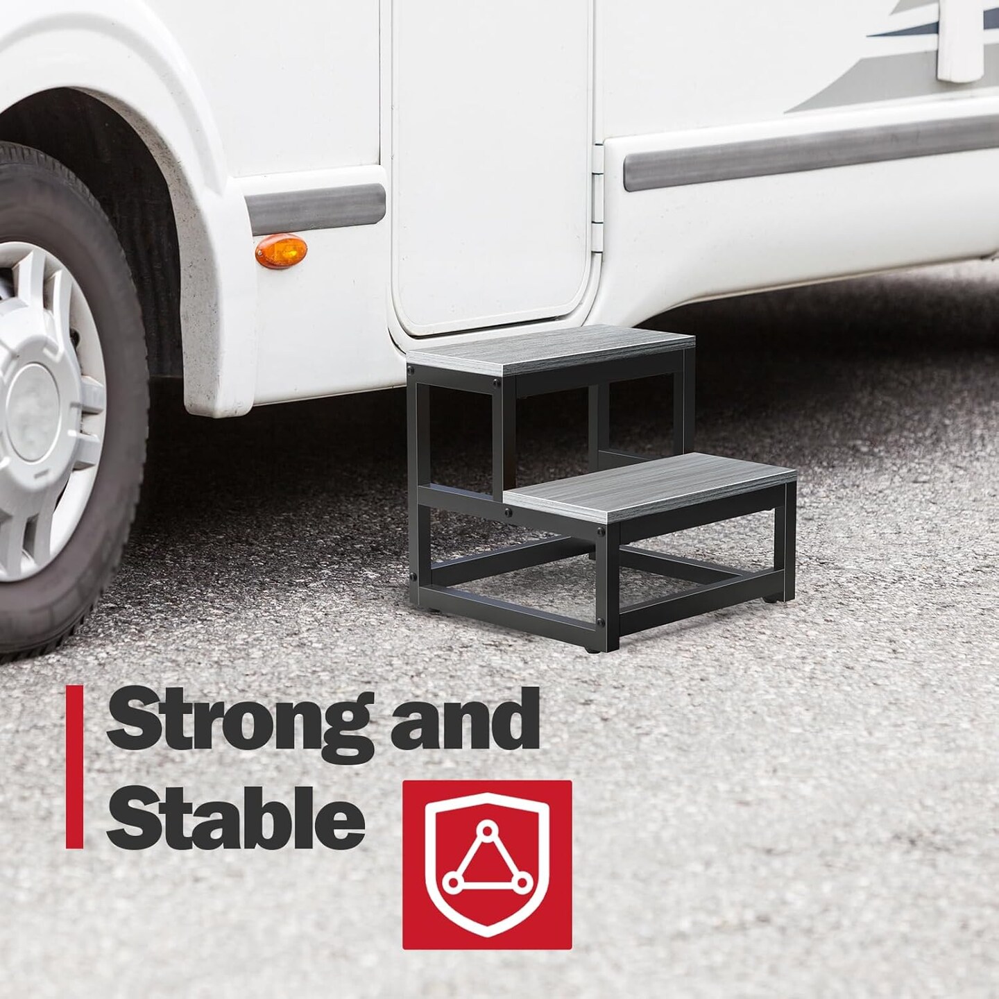 Heavy-Duty 2-Step Wooden Stool with 500 lb Capacity - Non-Slip Adjustable Rubber Feet for Adults, Kids, Kitchen, High Bed, RV (Grey)