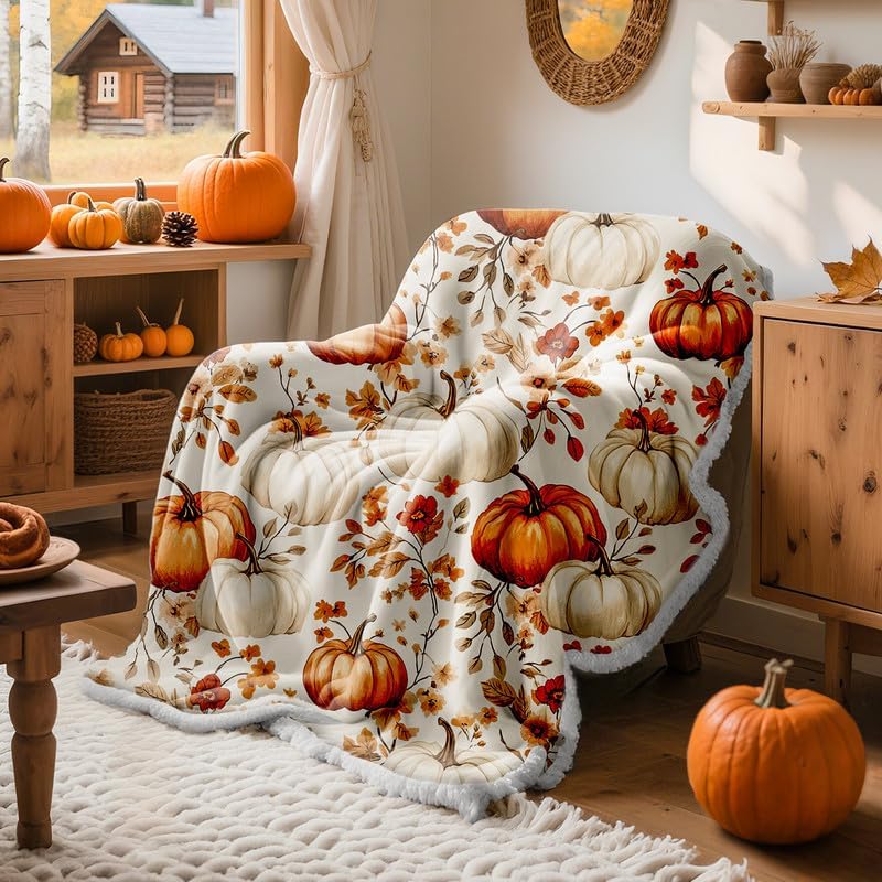50x60 Fall Pumpkin Flannel Throw Blanket Soft Warm Fleece for Couch Bed