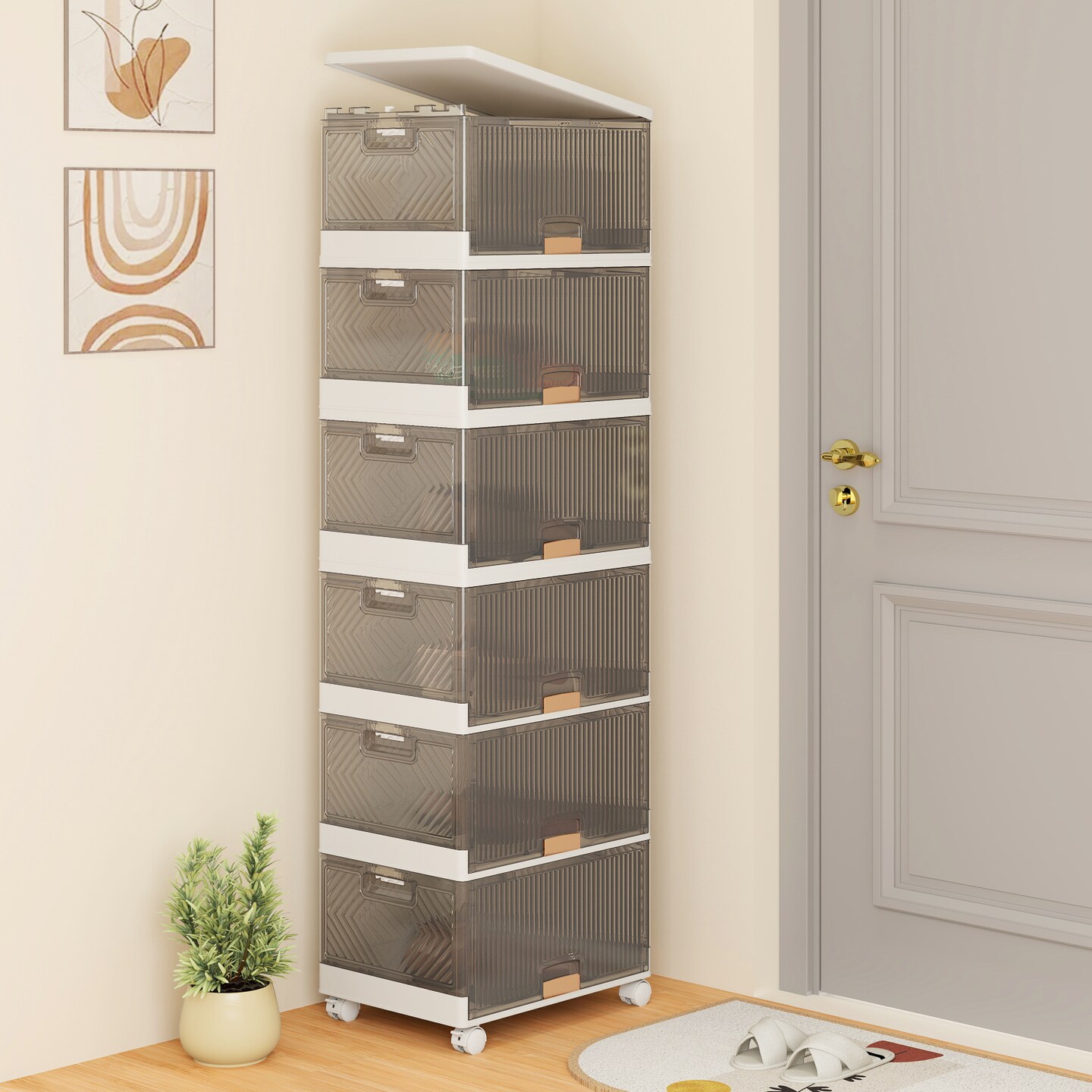 Stackable Storage Bin With Wheels Foldable Cube Organizer For Closet Bedroom Pantry White Brown PP ABS