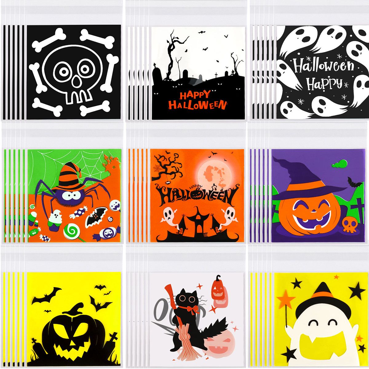450 Pcs Halloween Cellophane Treat Bags  Self-sealing Clear Candy Cookie Bags Pumpkin Ghost Black Cat Skull Trick or Treat Bags for Halloween Birthday Trick or Treat Party Favors Supplies