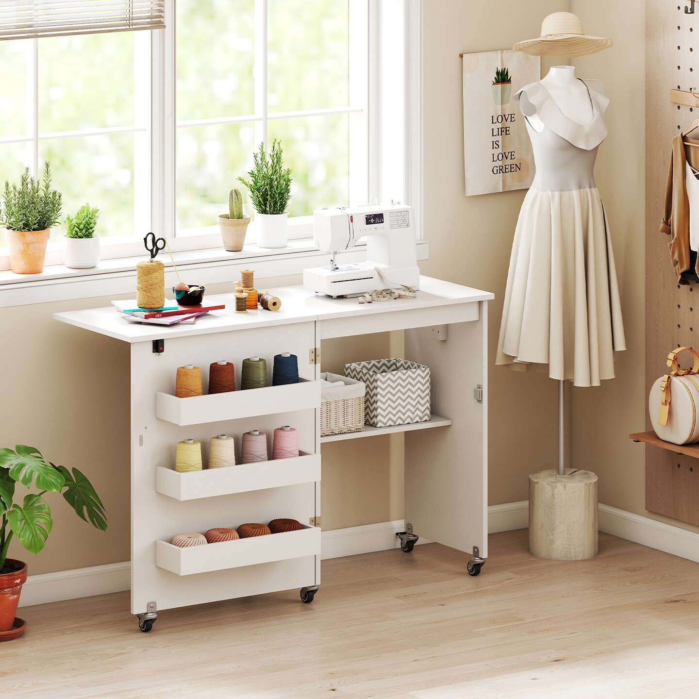 Portable Mobile Folding Sewing Cabinet with USB Charging Port and Multi-Tier Storage