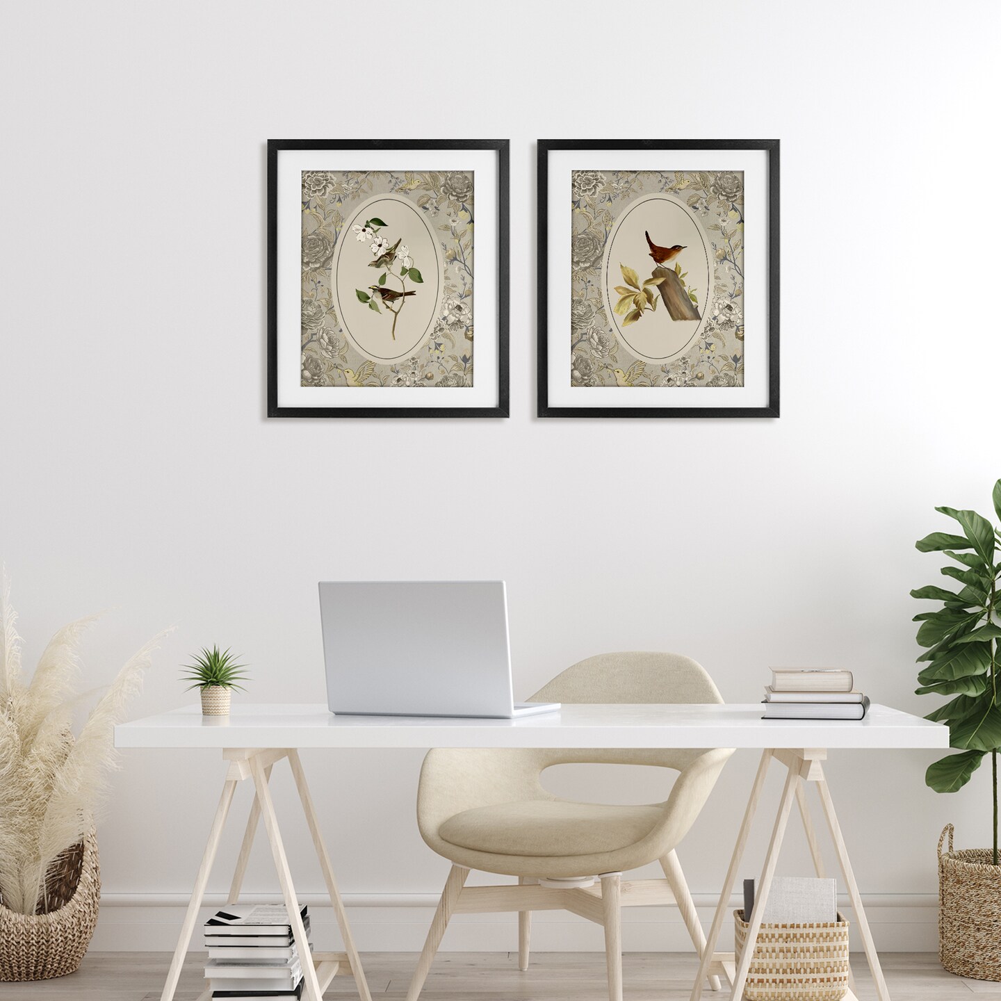 Stupell Industries Vintage Birds & Toile 2pc Framed Print Under Glass Set, design by Radhika Modi