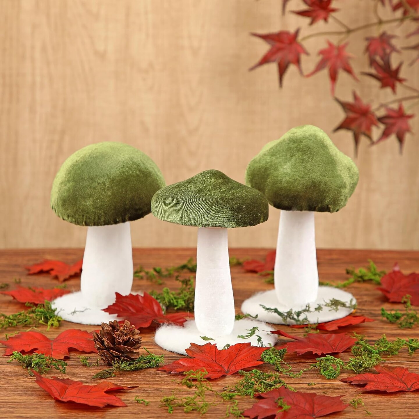 Velvet Mushrooms 3 Pack Green & White Artificial Mushroom Set Fake Fruits for Easter Home Wedding Party Table Centerpiece Display