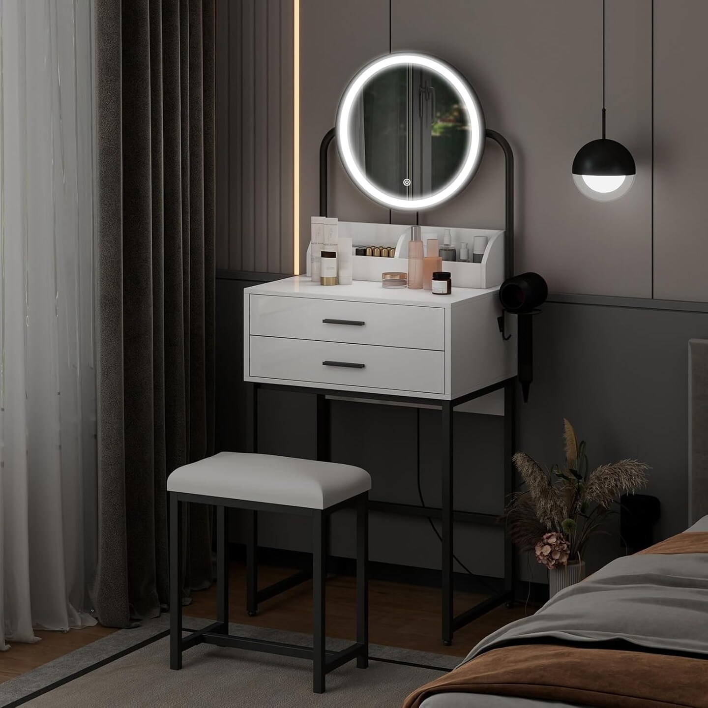 Small Vanity Desk with Mirror and Lights Compact Makeup Vanity Set with Drawers for Bedroom Mini White Modern Dressing Table with Stool