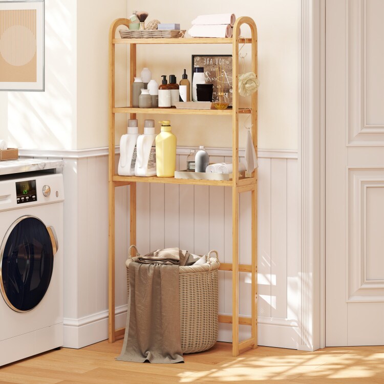 3-Tier Wicker Over Toilet Storage Shelf with Adjustable Shelves and Hooks Space-Saving Design