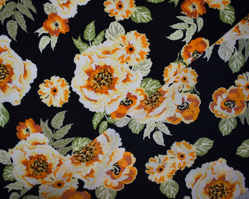 Black-Orange-Multi Poly Floral Stripe Geometry Border Print Pebble Crepe Woven Fabric By the Yard