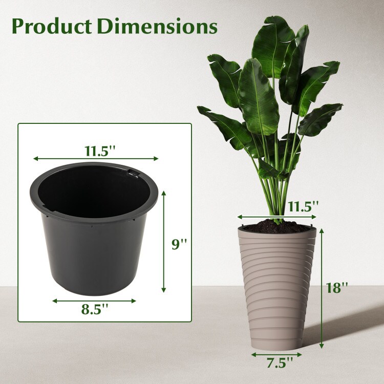 2-Piece Outdoor Plant Pots Brown Grey with Handles Detachable Inner Bucket and Good Drainage