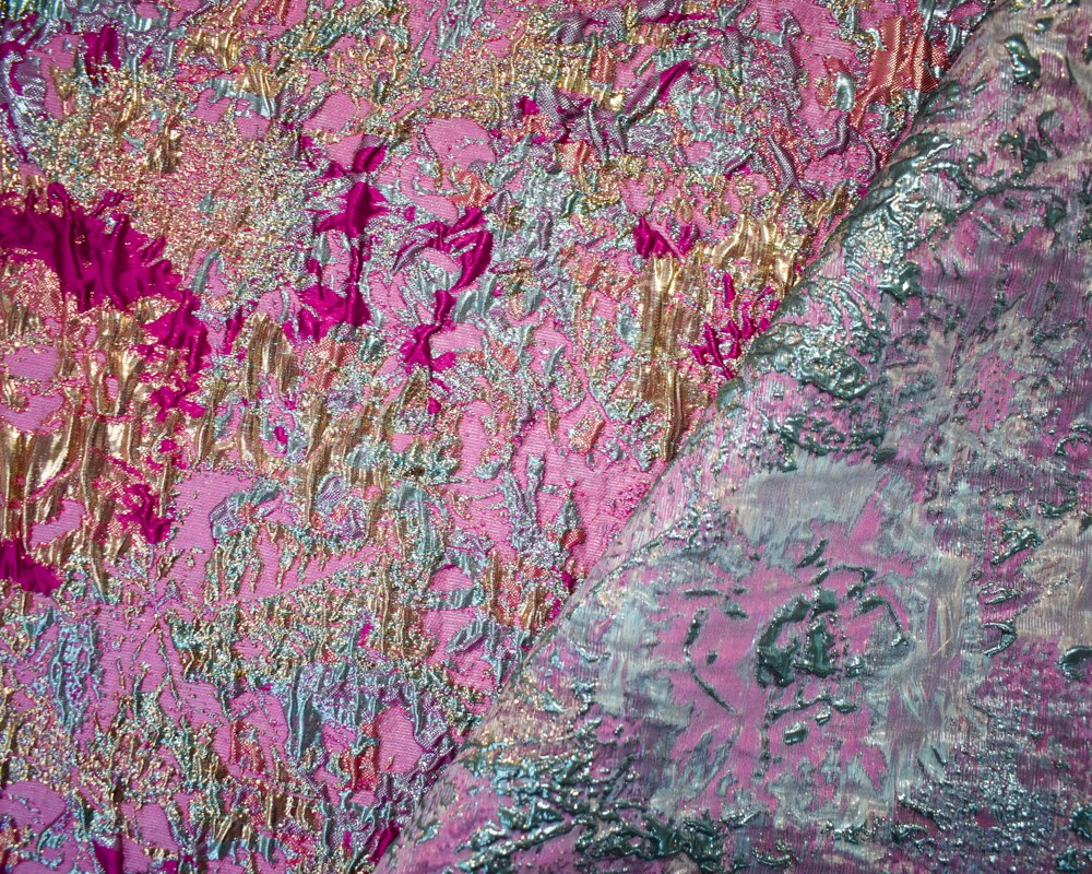 Fuchsia Pink-Gold Poly Blend Abstract Matelasse Jacquard Brocade Woven Fabric By the Yard