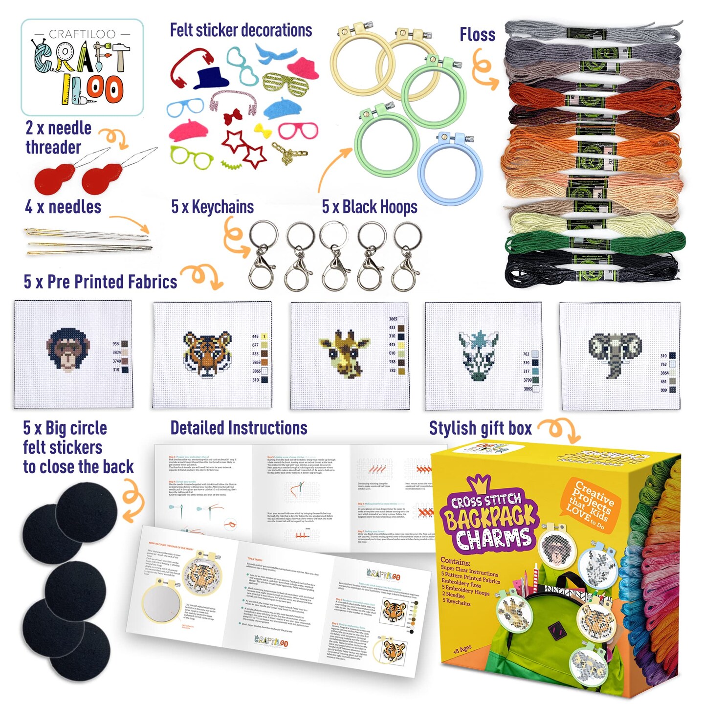 Safari Animals Cross Stitch Kits for Beginners. 5 Stamped Cross Stitch Kits for Kids.Needlepoint Kits for Beginners. Embroidery Kit for Kids. Crossstitch Kit for Beginners. Girls Cross Stitch kit