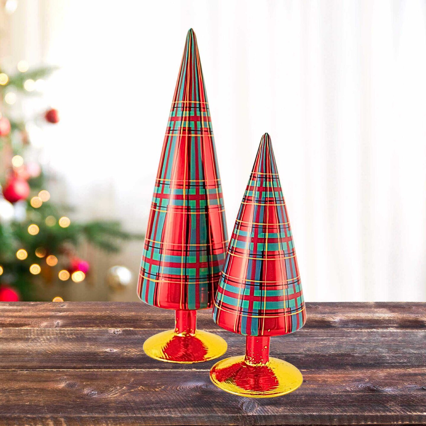 Cody Foster 12.5 Inch Patterned Tree Red Plaid Set Christmas Decorative Tree Set , Christmas Decor Mid-Century Modern