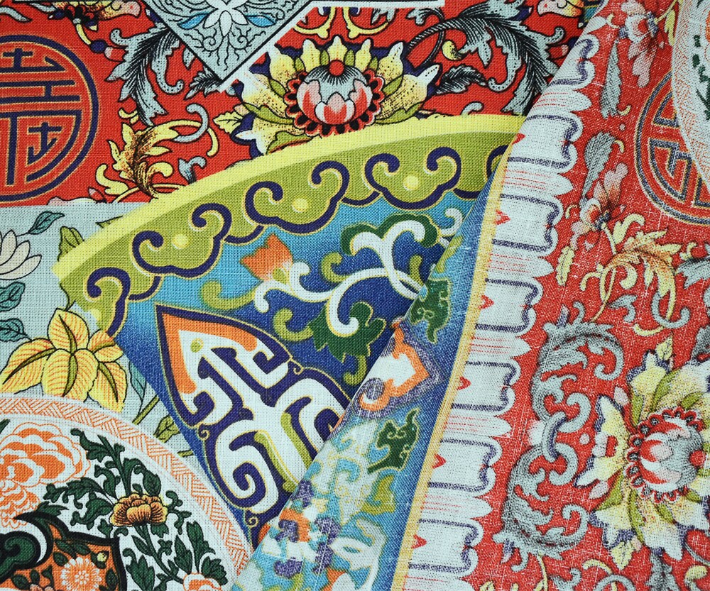 Peach-Teal-Multi Asian Medallion Floral Tile Printed Linen Woven Fabric By the Yard