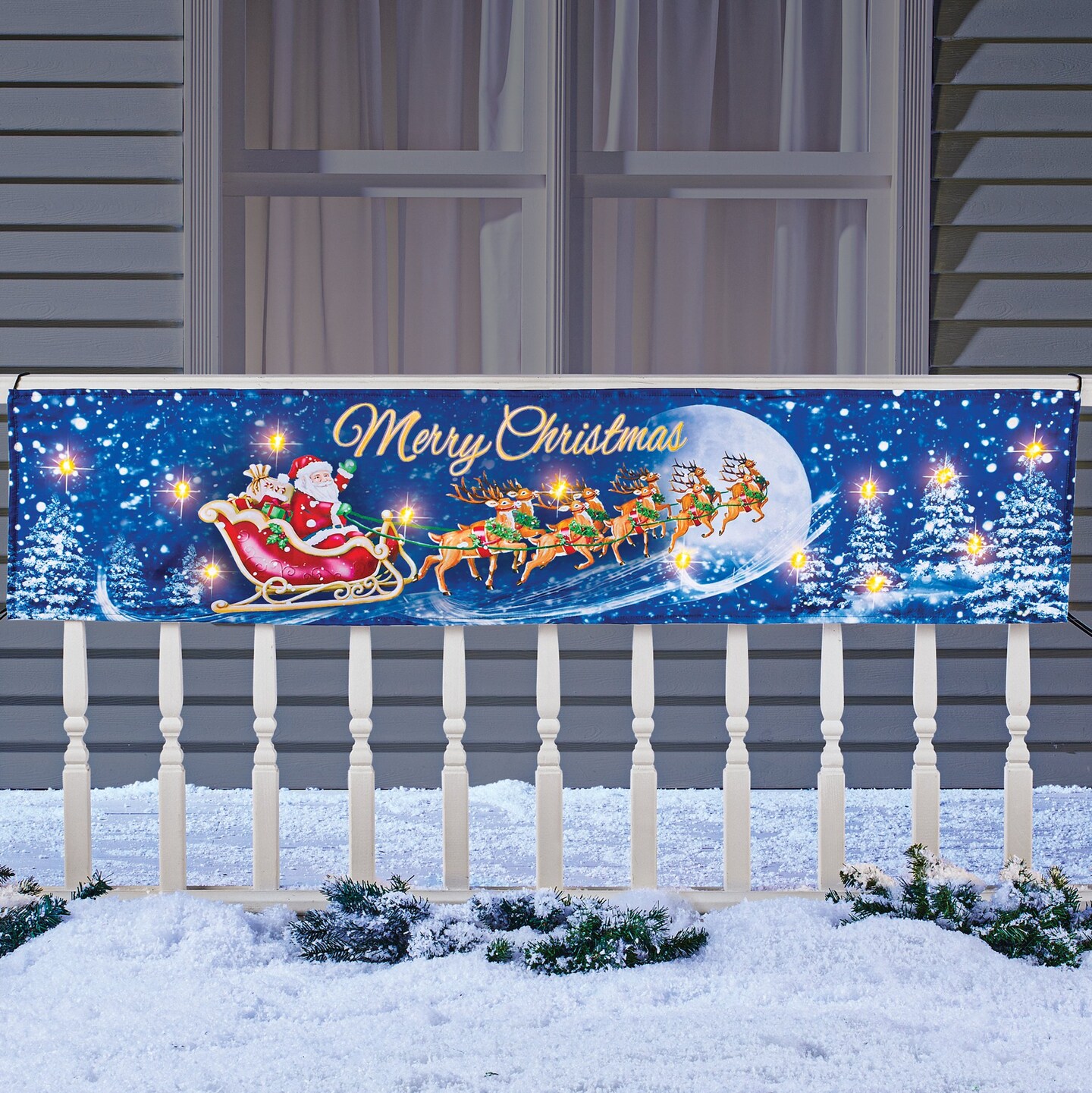 Collections Etc LED Lighted "Merry Christmas" Santa Claus Sleigh Banner