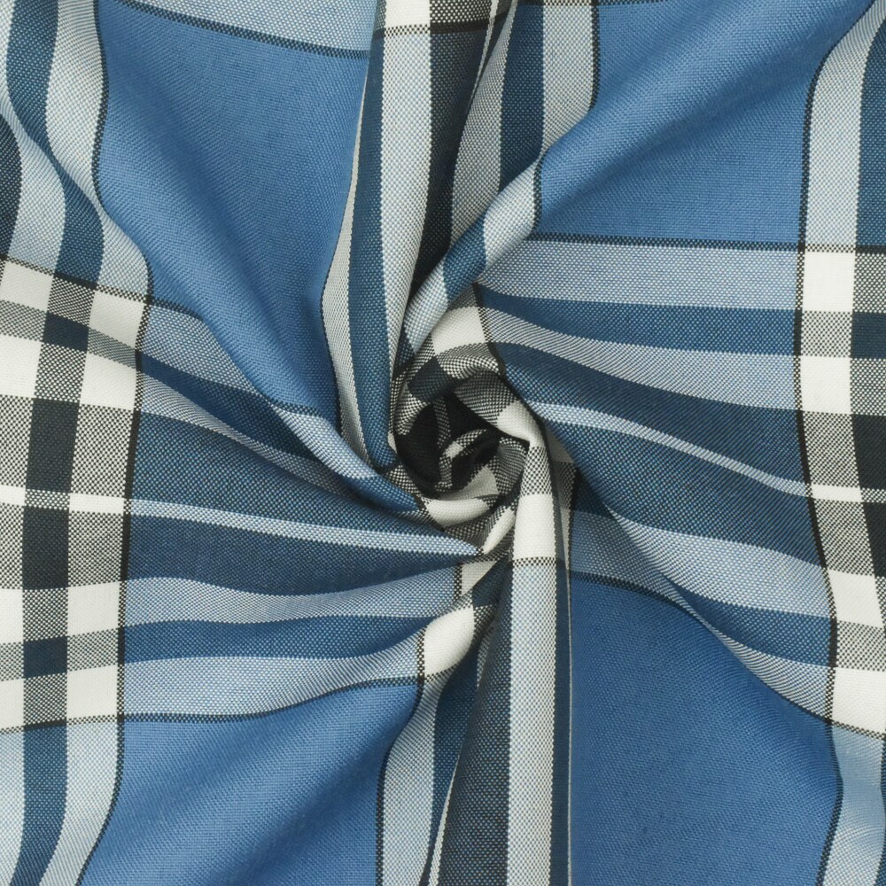 Student Blue-Black-White Plaid Poly Madras Woven Fabric By the Yard