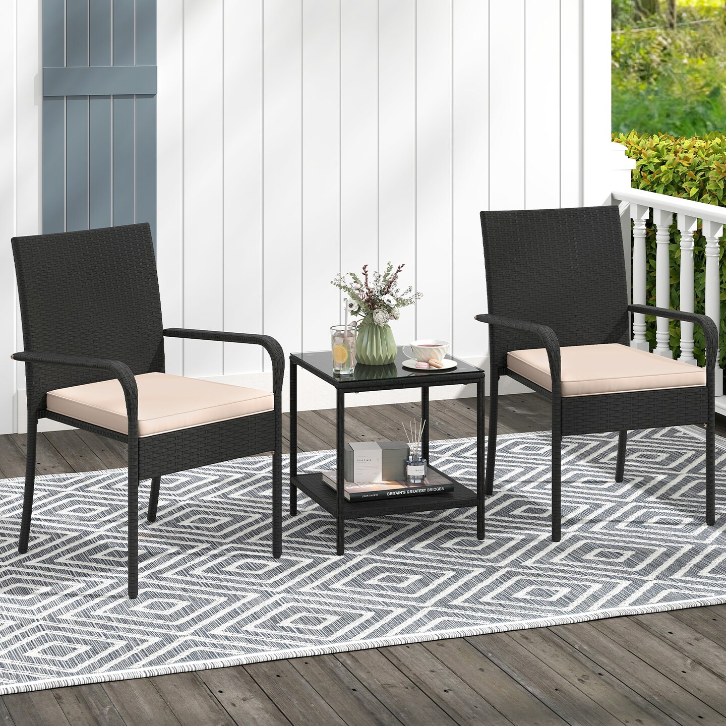 3-Piece Hand-Woven PE Rattan Garden Bistro Set with Cushioned Chairs and Double-Tier Table