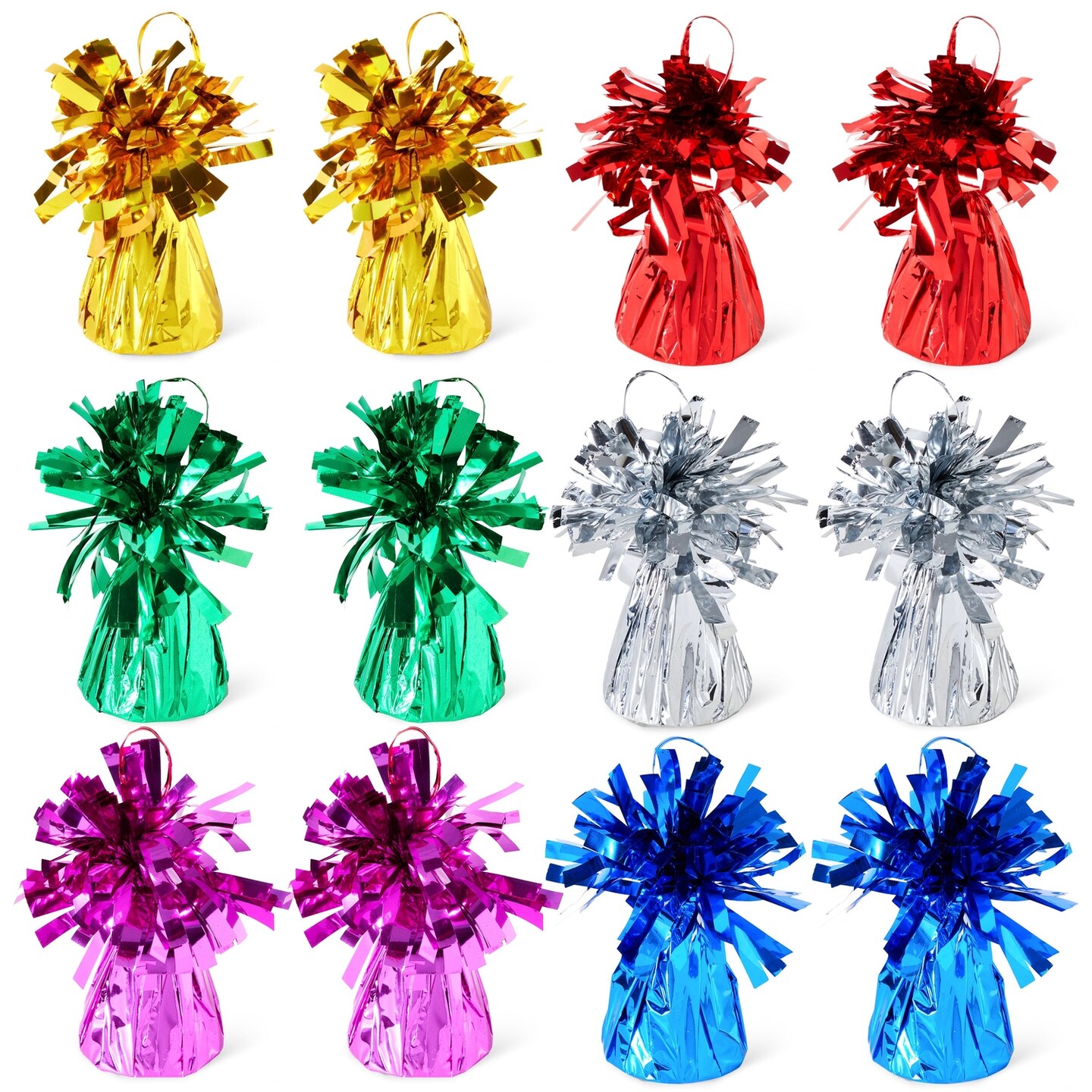 Balloon Weights Pack of 12 with Colorful Foil for Birthday Party, Special Celebrations Decorations (2.5 x 4.125 inch, 6 Colors)
