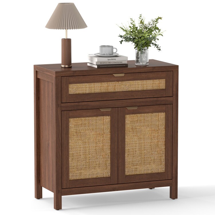 Brown-Natural Wood Sideboard Cabinet with Rattan Accents and Adjustable Shelf