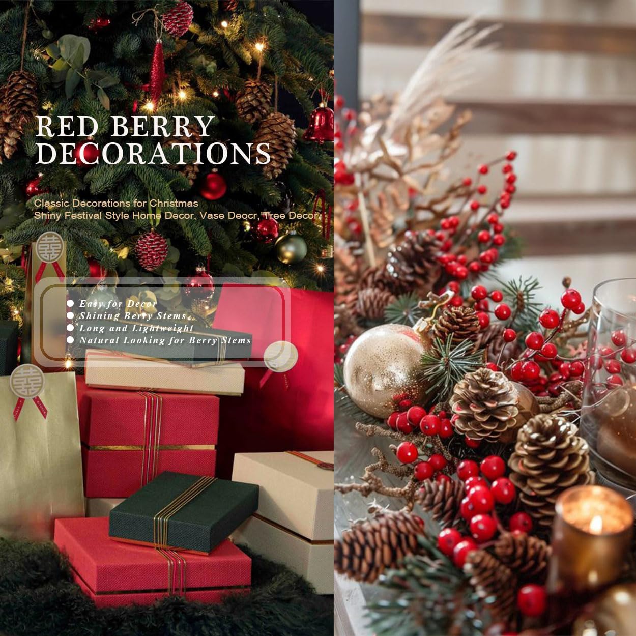 Fake Red Berry Christmas Picks – 30 Pcs Holly Berry Artificial Branches for Christmas Tree Decorations – Red Christmas Ornaments (Red)