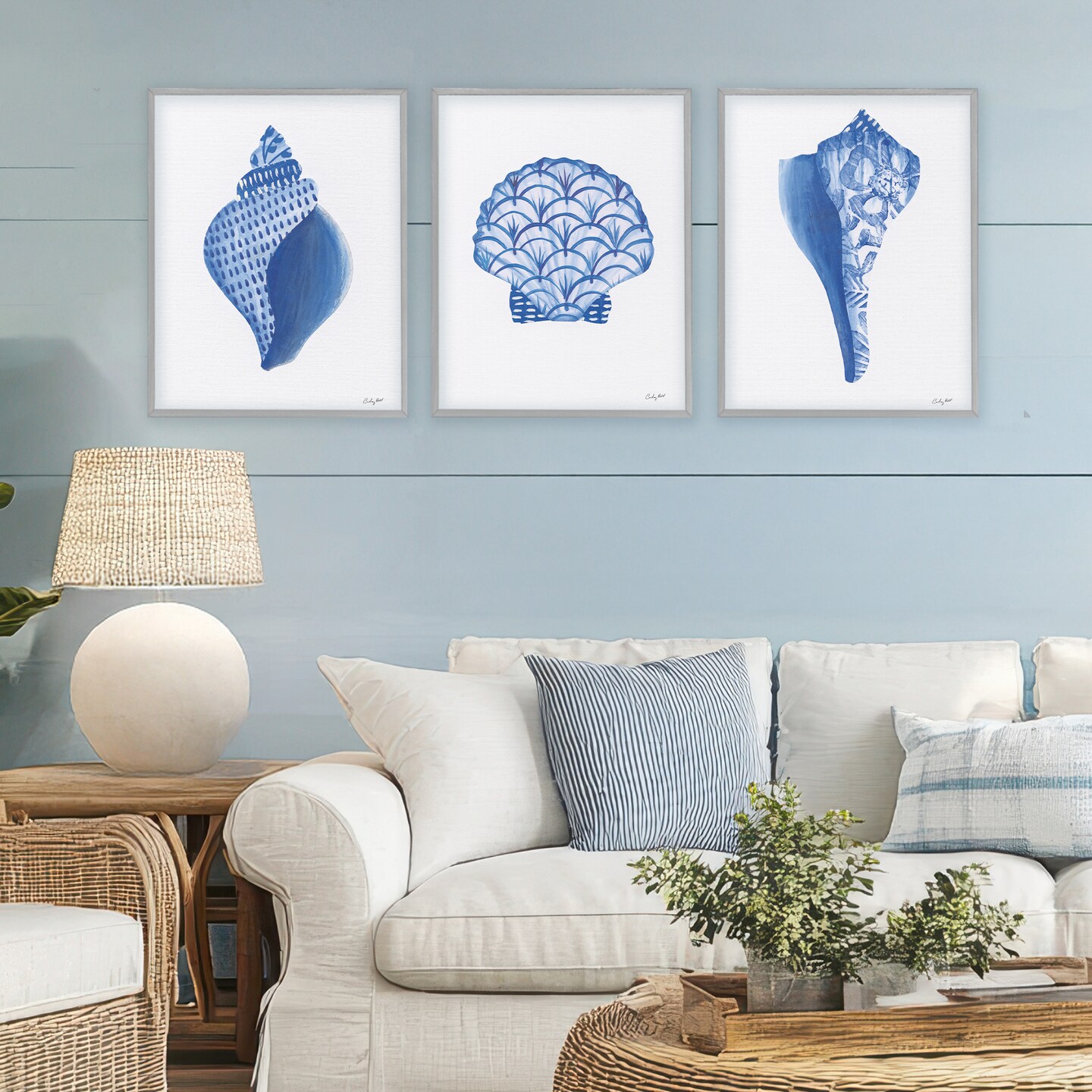Stupell Industries Blue Chinoiserie Seashells 3pc Framed Giclee Set, design by Courtney Prahl