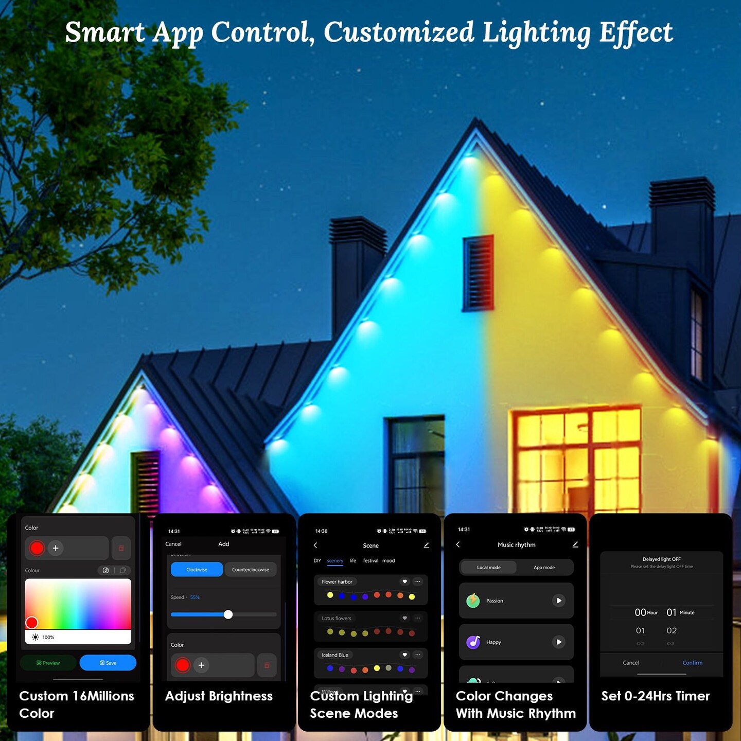 101FT Length Permanent Outdoor Lights With 72Pcs RGB Beads IP67 Waterproof Smart Eave Light For Halloween Christmas Daily House Lighting Works with Alexa Google Assistant
