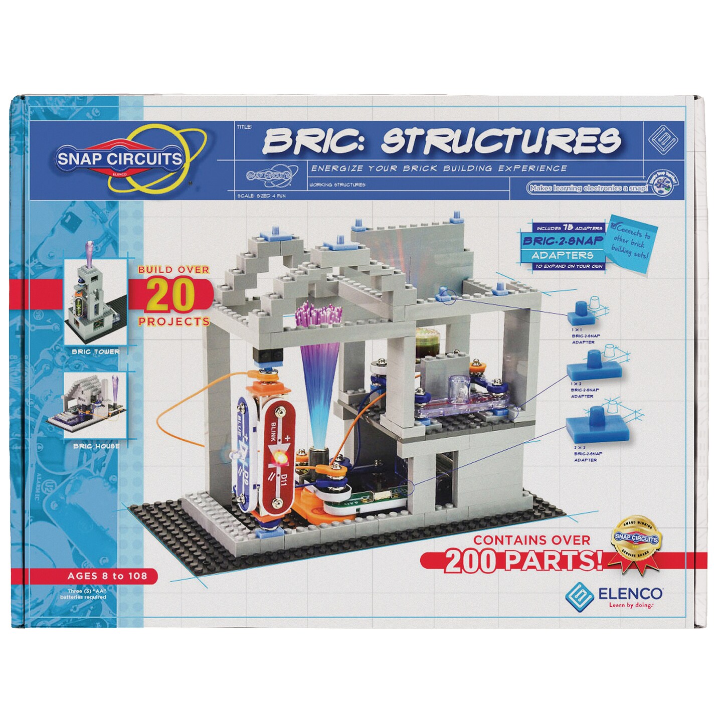 Snap Circuits BRIC: Structures | Brick &#x26; Electronics Exploration Kit | Over 20 Stem &#x26; Brick Projects | Full Color Project Manual | 20 Parts | 75 BRIC-2-Snap Adapters | 140+ BRICs