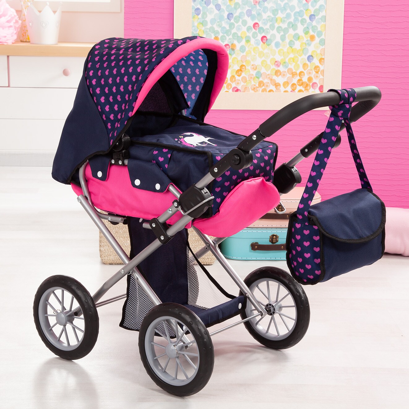 Bayer: Baby Doll City Star Pram in Polka Dots, Blue/Pink | baby dolls | pretend | dress up | accessories