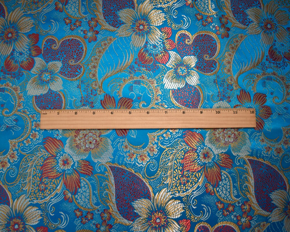 Aqua Blue-Multi Polyester Floral Chinese Brocade Woven Fabric By the Yard