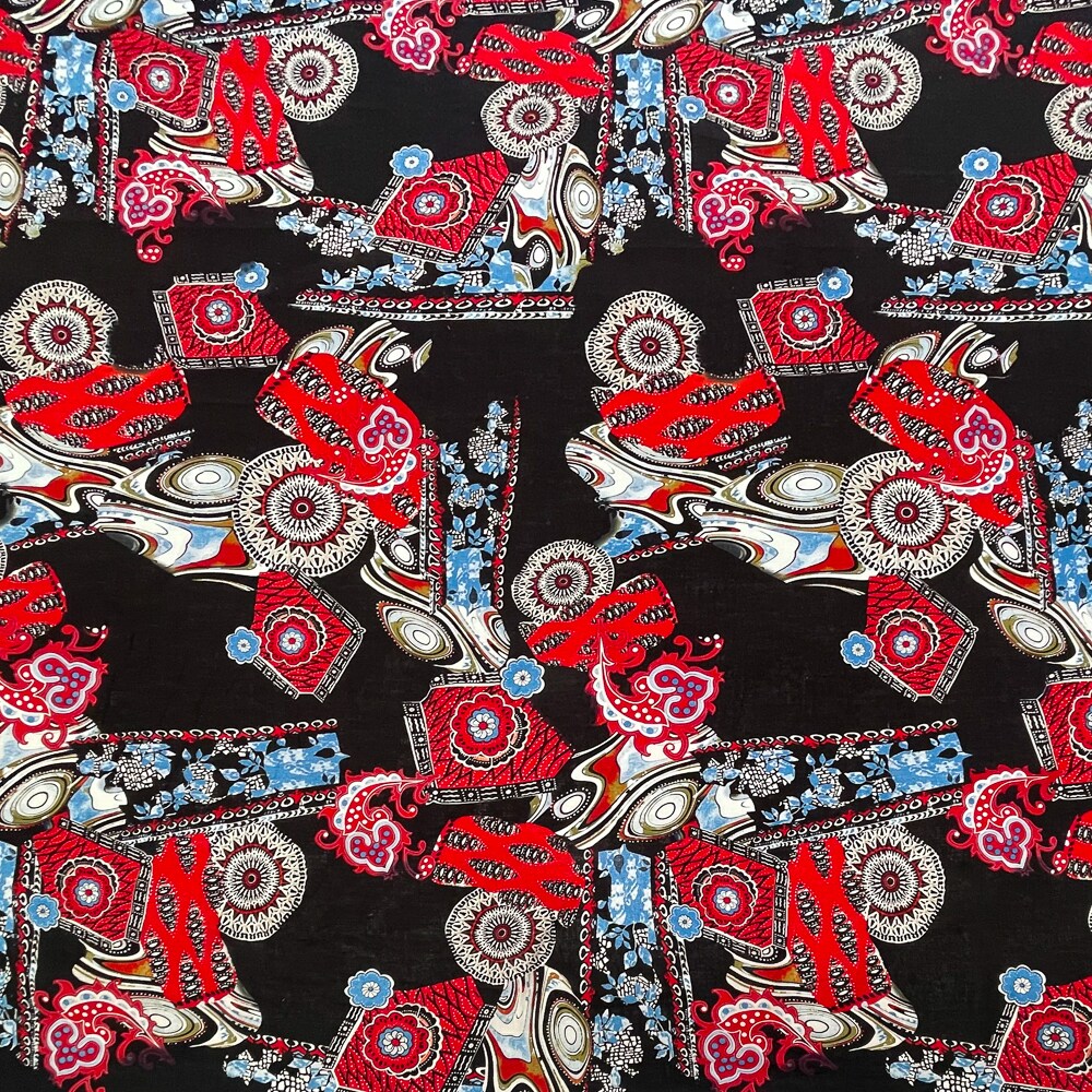 Black-Red-Blue Abstract Tribal Pattern Printed Linen Woven Fabric By the Yard
