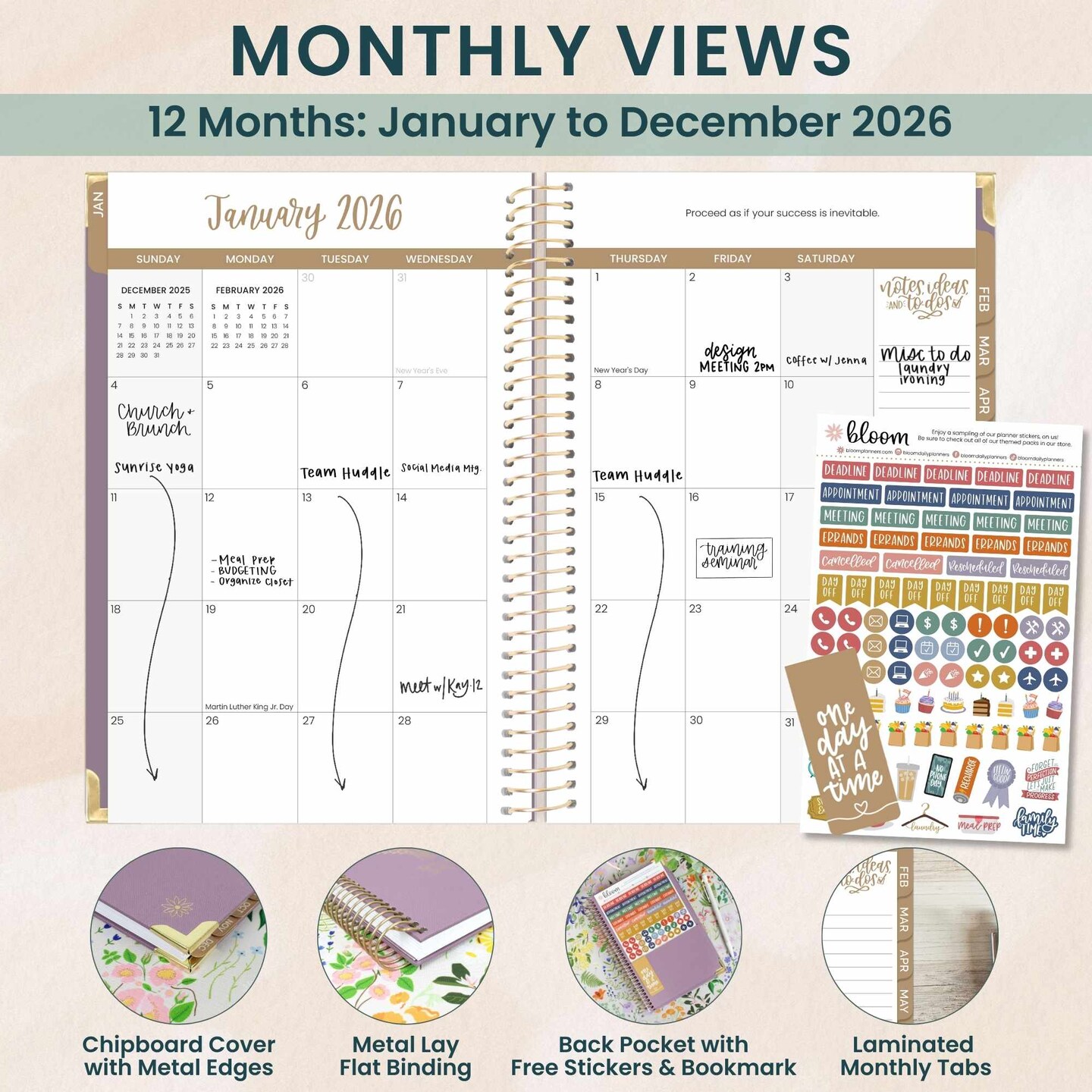 bloom daily planners 2026 Hard Cover Weekly & Monthly Planner, 5.5" x 8.25", Linen, Purple