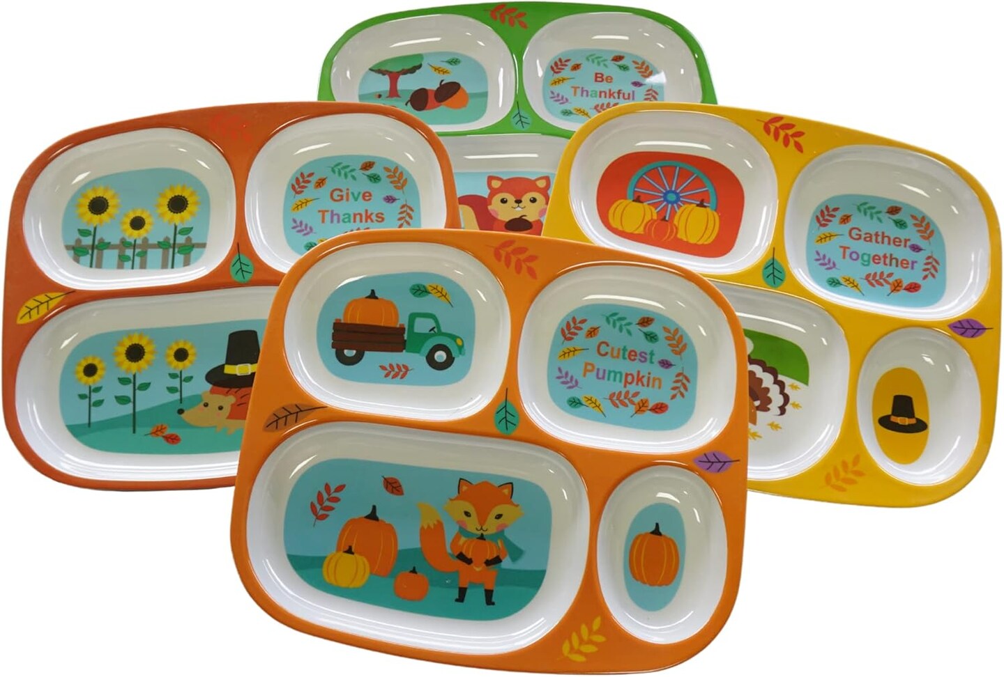 4E's Novelty 4 Pack Fall Thanksgiving Melamine Dinnerware Set for Kids – Sectioned Toddler Plates with Dividers, BPA-Free, Break Resistant, Dishwasher Safe, Autumn Harvest Plates for Toddlers