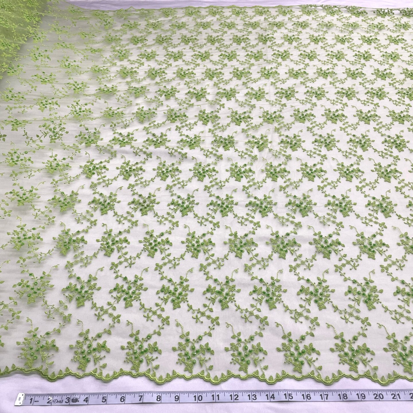 1 Yard Fuchsia Beaded Lace Fabric Embroidered on Polyester Net Mesh 53 Inch Width