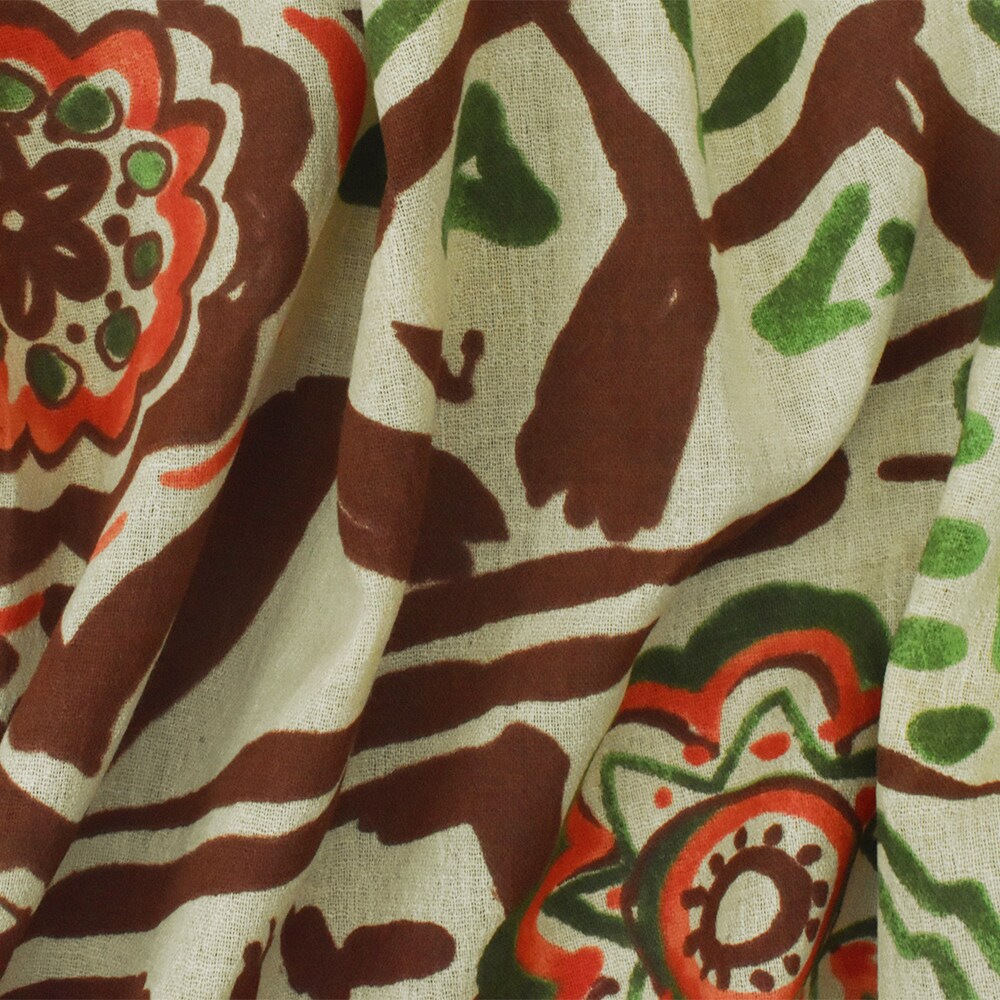 Beige-Green-Multi Aztec And Floral Printed Cotton Gauze Woven Fabric By the Yard